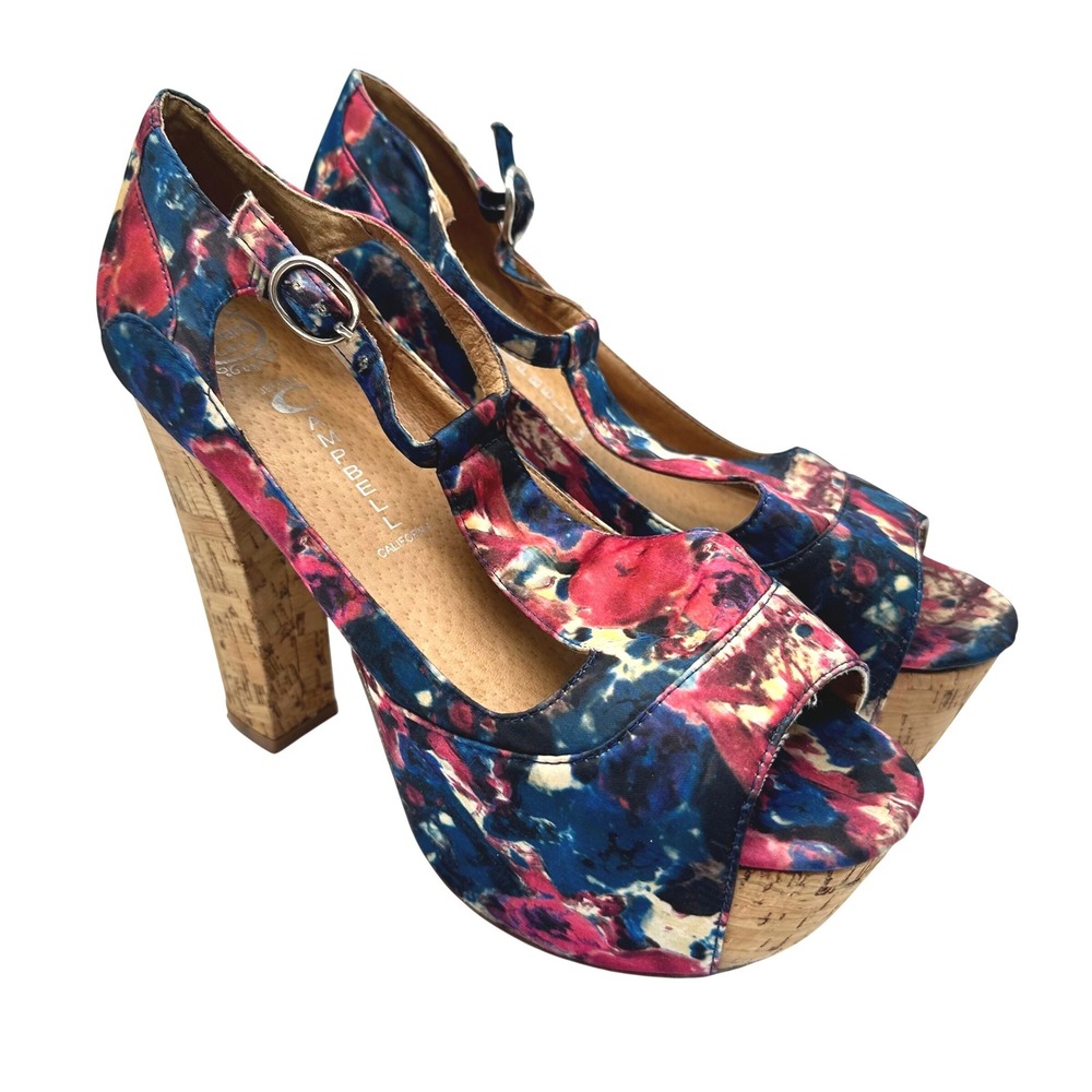 Vintage Jeffrey Campbell Havana Watercolor Satin Floral Cork Platform Sandals 7M